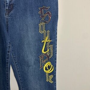 South Pole Women's vintage Dark Blue red and gold embroidered Flare Jeans